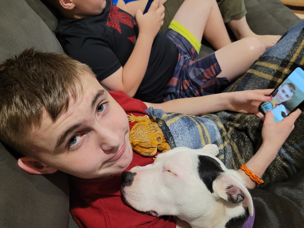 Tristan With Our Bearded Dragon, Toothless, & Our Dog, Bella