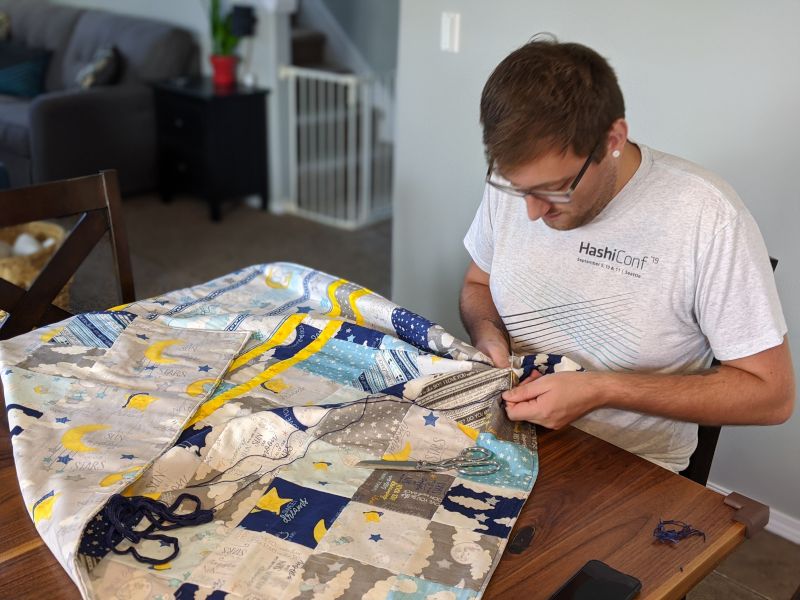 Ethan Making a Baby Blanket for Our Nephew